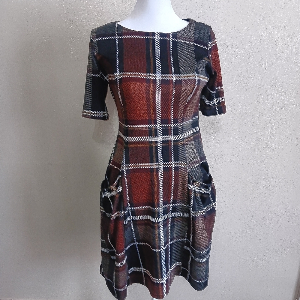 Plaid Dark Academia, Slouchy Pocket Brown Black A Line Midi Dress, Preppy School